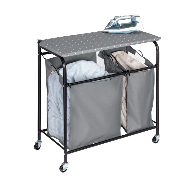 Silver 3-Compartment Mesh Sided Bag Rolling Laundry Hamper w Folding Top Rack