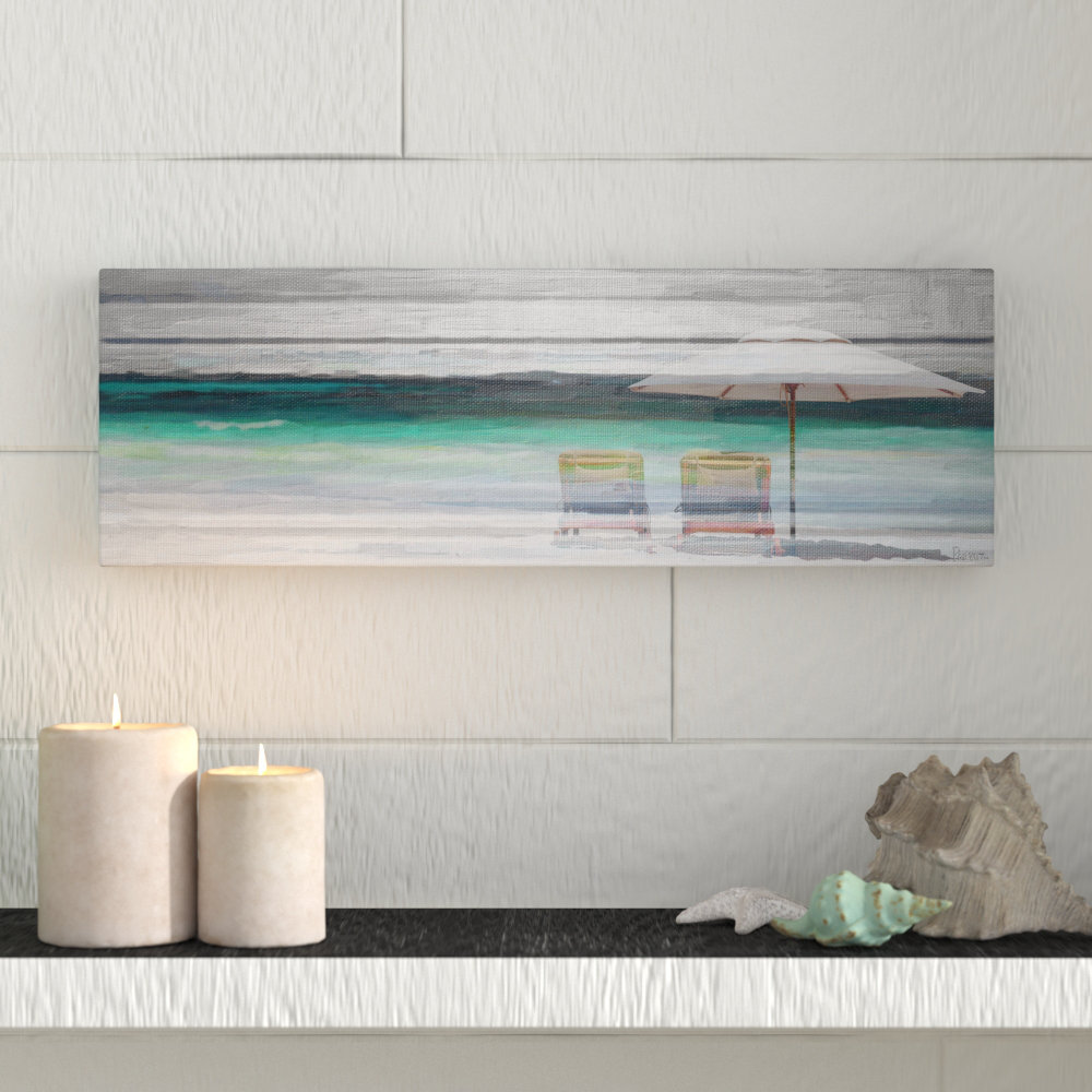 Beach Themed Chairs on Beach Sand Overlooking Water Canvas Print Wall Art Framed