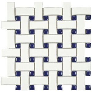 Retro Basket Weave Random Sized Porcelain Mosaic Tile in White and Cobalt