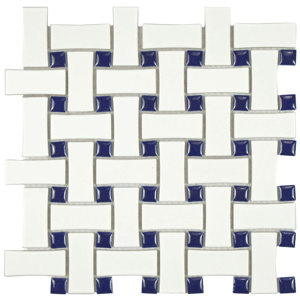 Retro Basket Weave Random Sized Porcelain Mosaic Tile in White and Cobalt