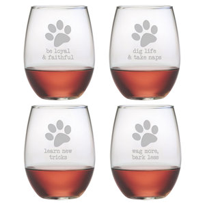 Castille 4 Piece Dog Wisdom 21 oz. Stemless Wine Glass Set
