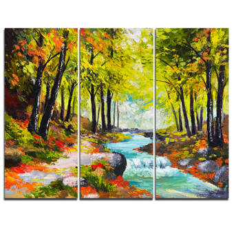 Designart Summer Forest With Beautiful River 3 Piece Painting