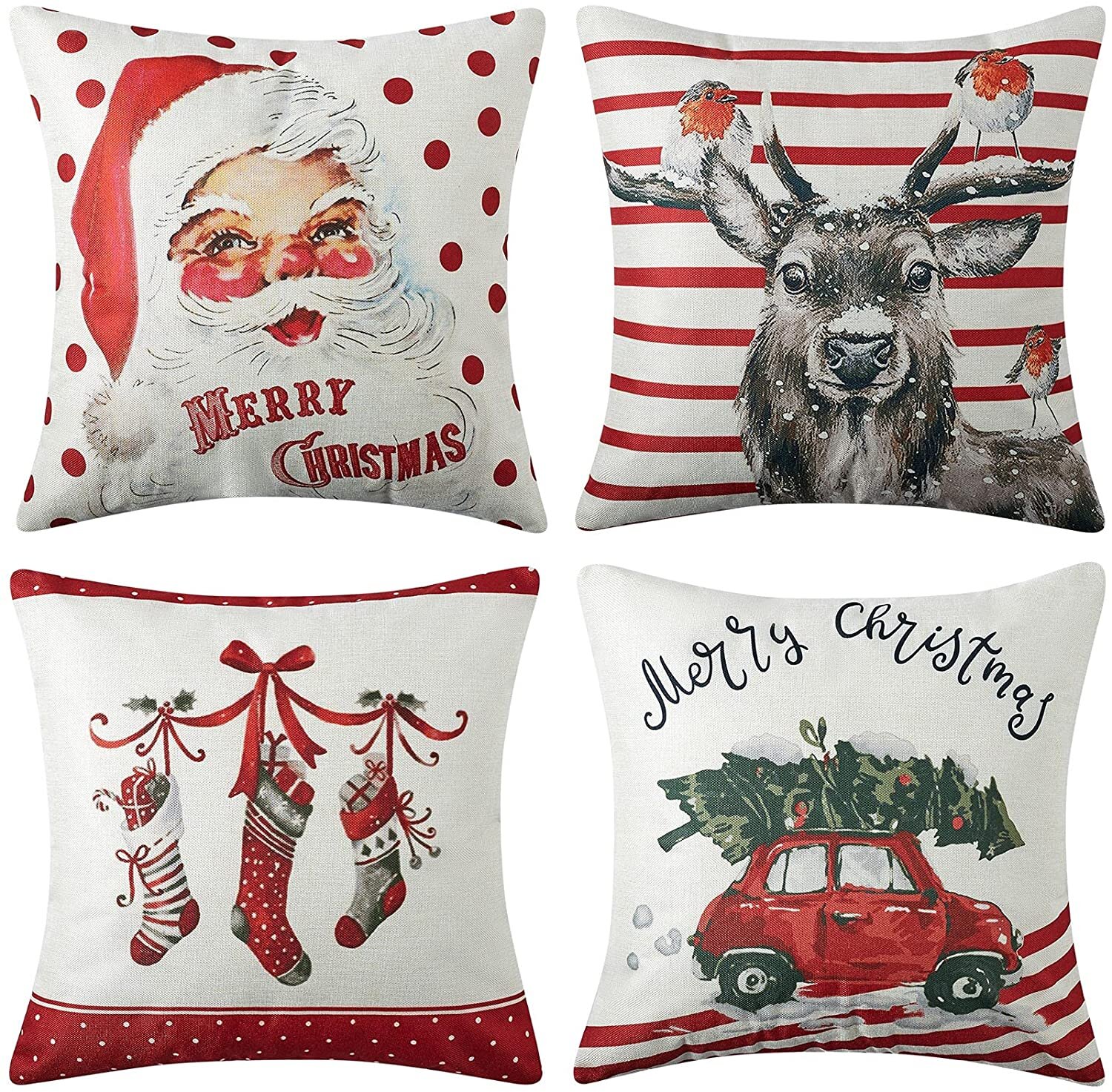 Set of 4 Christmas Deer Animal Print Throw Pillow Cover Winter Home Decor 18x18