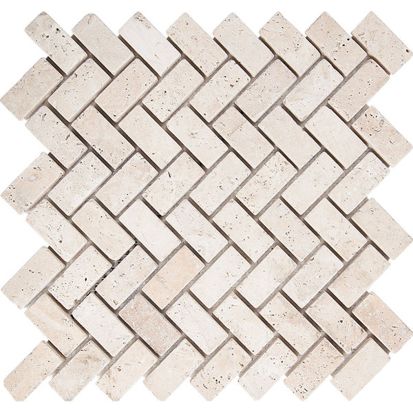 Tumbled Herringbone 1 x 2 Mosaic Tile in Ivory