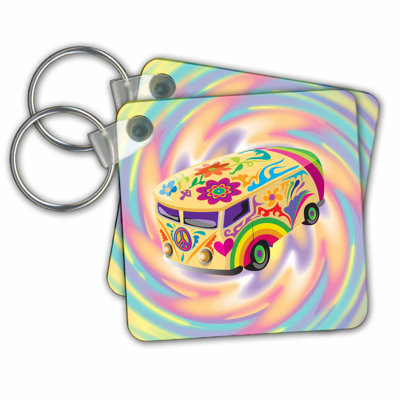 Green Retro Scooter Key Chain 3dRose Color Blue Theme Funky Retro Hippie Sixties Seventies Bus