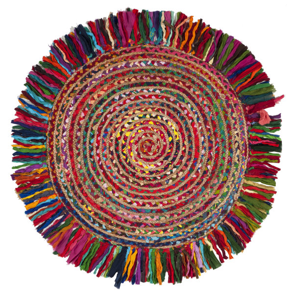 Abhay Boho Hand Woven Cotton Round Red/Blue Area Rug by Bungalow Rose