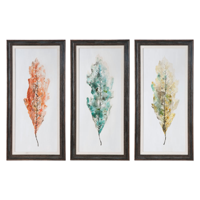 Brayden Studio Tricolor Leaves Abstract Art 3 Piece Framed