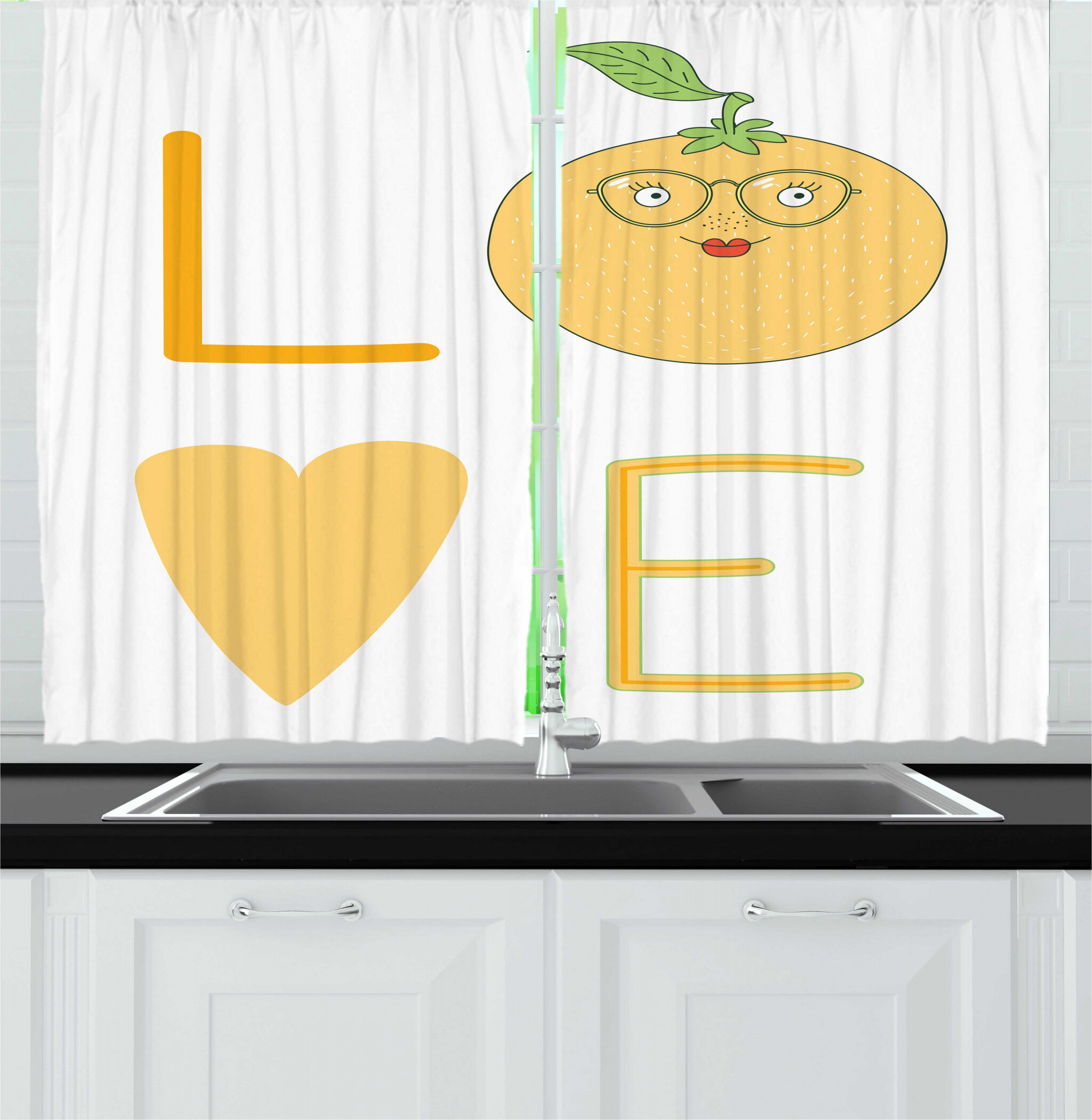 East Urban Home 2 Piece Geeky Love Lettering With A Nerdy Orange In Eyeglasses Kitchen Curtain Set Wayfair