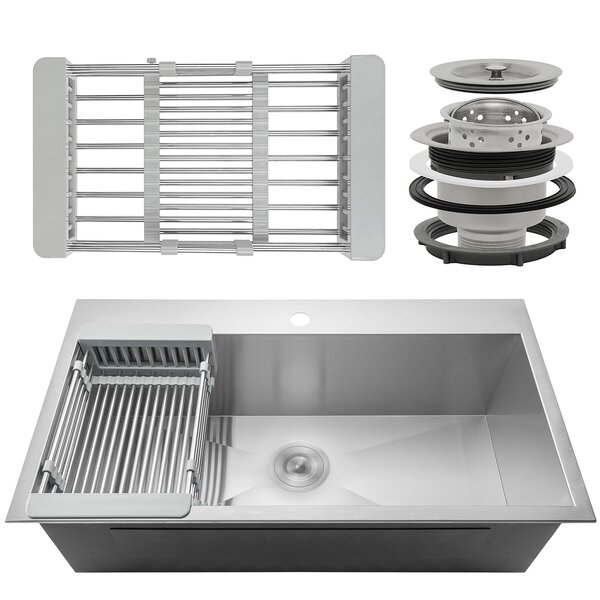33 x 22 Drop-In Top Mount Stainless Steel Single Bowl Kitchen Sink w/ Adjustable Tray and Drain Strainer Kit by AKDY
