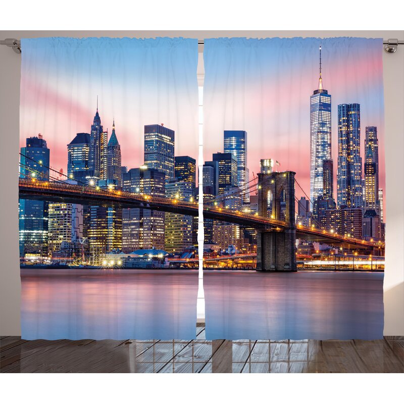 Latitude Run Covell New York Brooklyn Bridge And Lower Manhattan Skyline Under Pink Sunrise Long Exposure Art Image Graphic Print Text Semi Sheer Rod Pocket Curtain Panels Wayfair