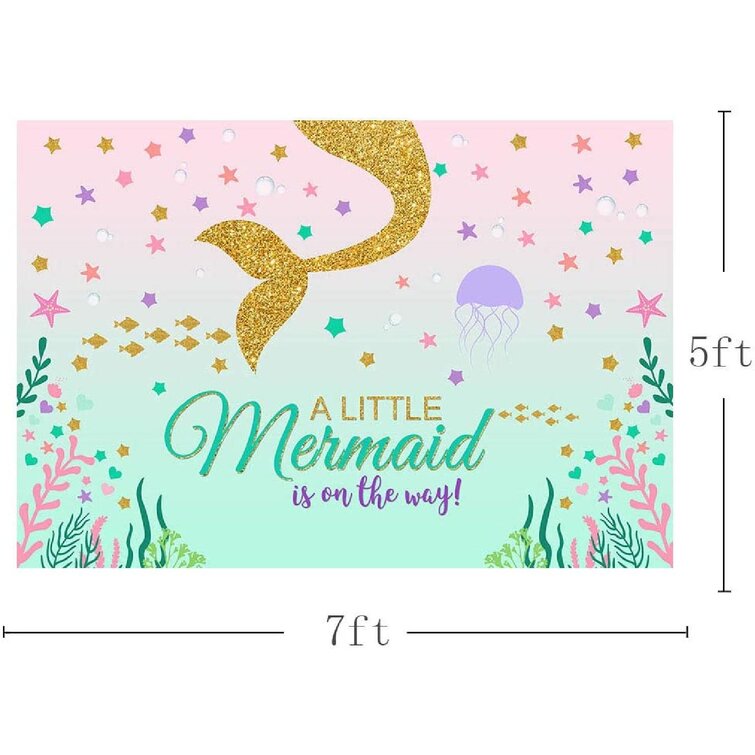 New Mermaid Theme Princess Baby Shower Photography Backdrop Ocean Under The Sea Party Decoration Bubbles Starfish Shell Ocean Girl Purple Teal Gold Pink Photo Studio Background Banner 7x5ft 