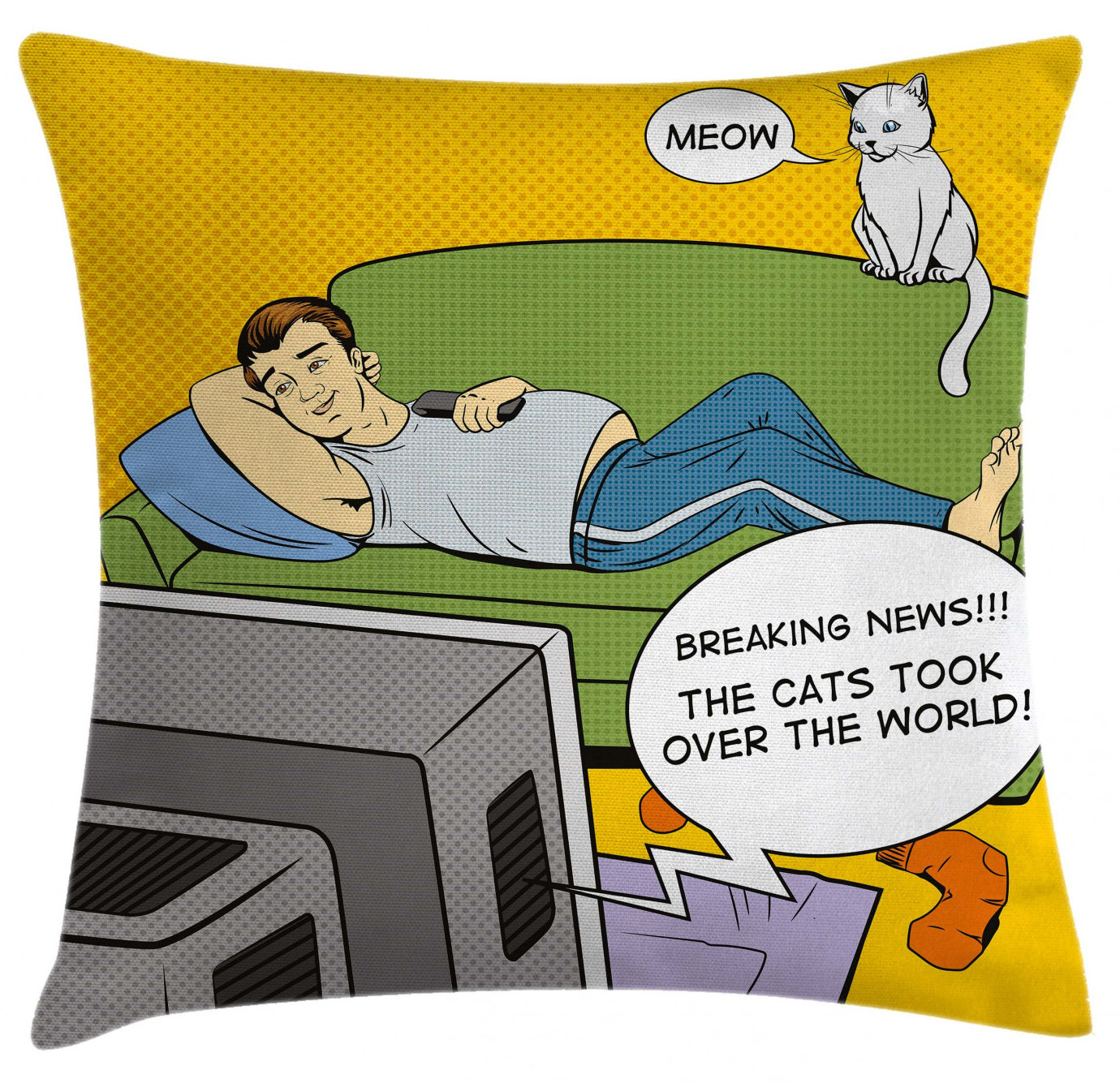 East Urban Home Man Lying On Couch Watching Tv Cats Indoor