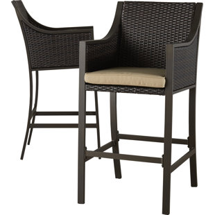 Modern Rattan Wicker Outdoor Bar Stools Allmodern Liggins 29 5 Patio Bar Stool With Cushion Set Of 2