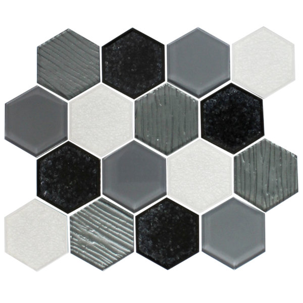 Crackle Hexagon Mix Random Sized Glass Mosaic Tile in White/Black by Susan Jablon