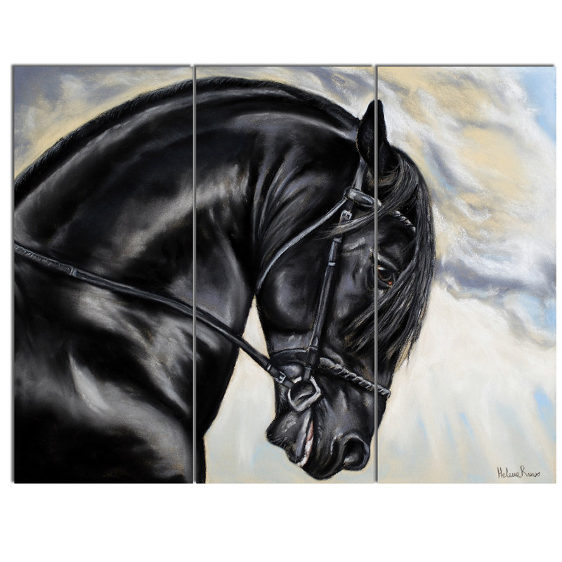 Designart Friesian Horse Painting 3 Piece Painting Print On