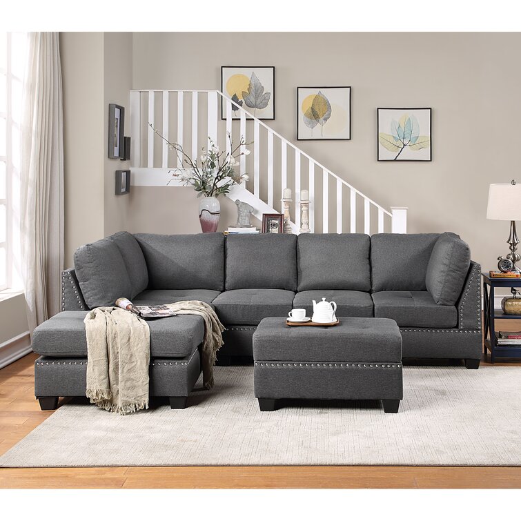 L-Shaped Sectional Sofa Living Room 3 Piece Couch Set with Reversible Chaise Lounge Rivet Storage Ottoman and Two Cup Holders Grey