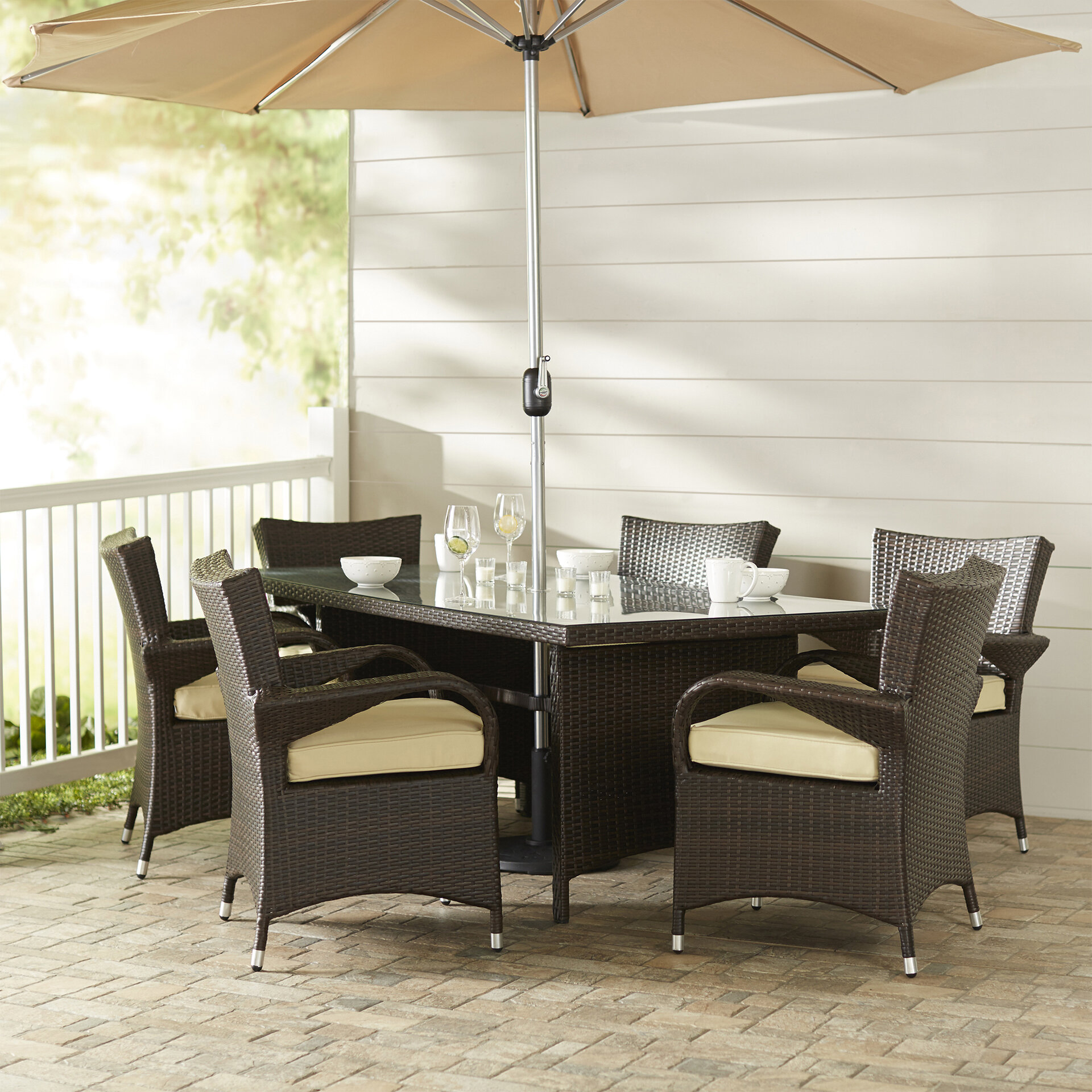 Brayden Studio Berke 8 Piece Dining Set With Cushion And Umbrella Reviews Wayfair