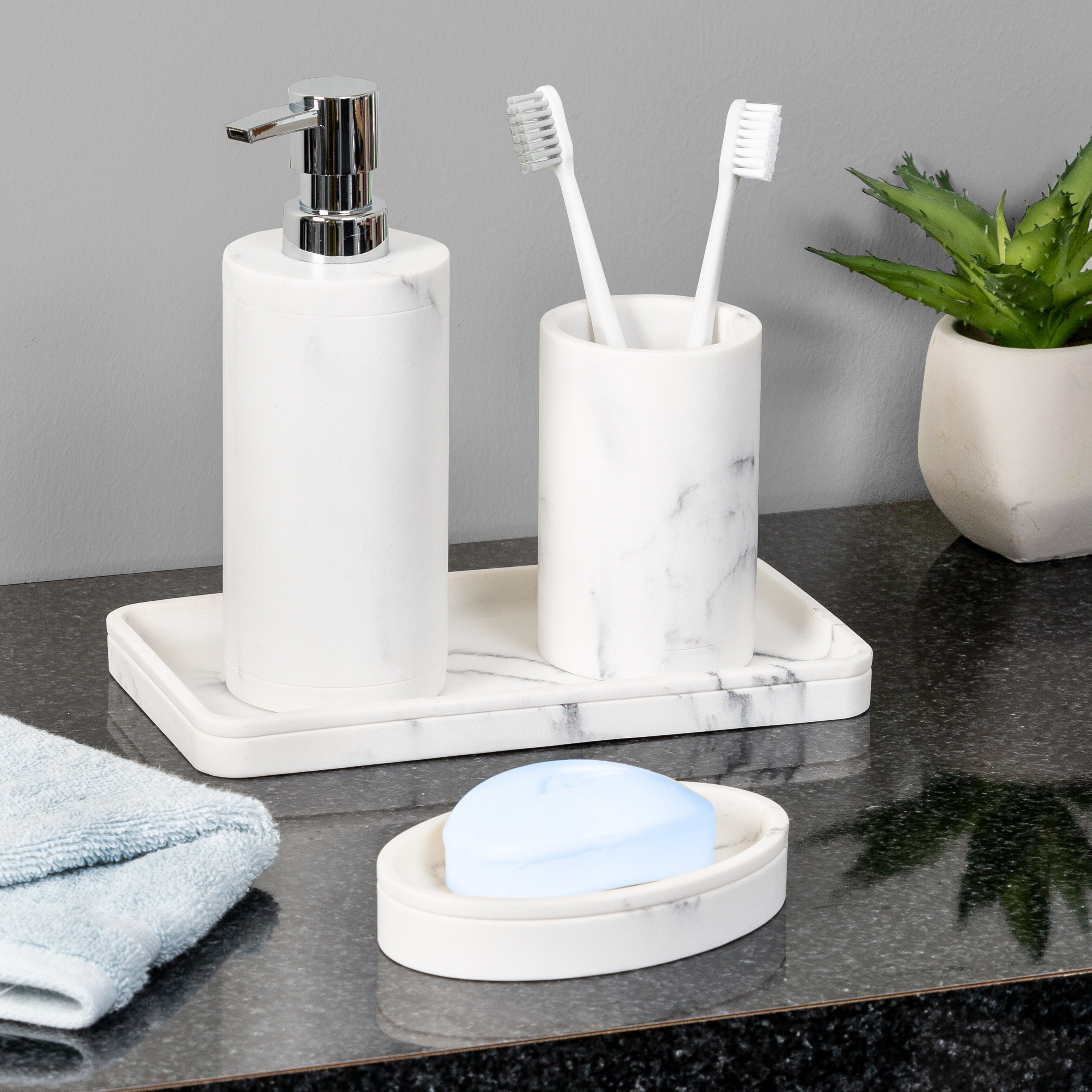 4 Piece Bathroom Accessories Set Soap Dispenser Toothbrush Holder Dish