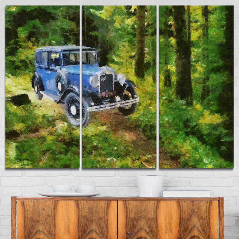 Designart Blue Vintage Car Oil Painting 3 Piece Painting Print