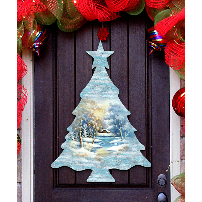 Designocracy Tree Scenic Winter Wooden Decorative Door Hanger Wall