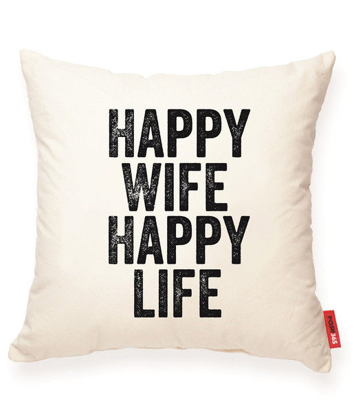 ’Happy Wife Happy Life’ Decorative Cotton Throw Pillow