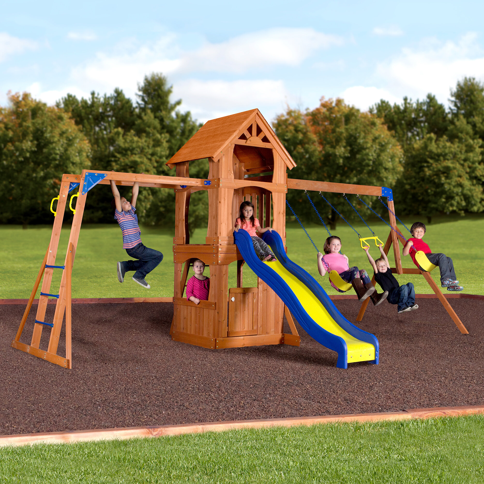 wooden swing slide set