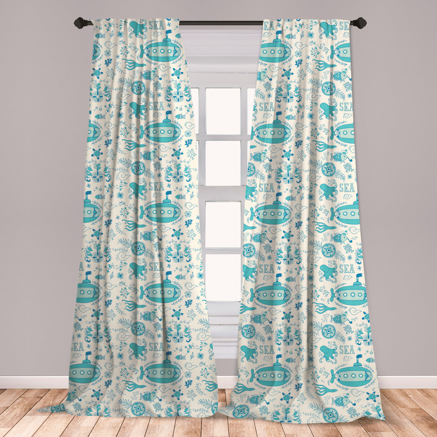 Ambesonne Aqua Curtains Ornate Sea Adventure Pattern With Underwater Fauna Submarine And Coral Window Treatments 2 Panel Set For Living Room Bedroom