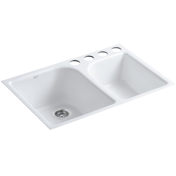 Executive Chef 33 L x 22 W x 10-5/8 Under-Mount Large/Medium, High/Low Double-Bowl Kitchen Sink with 4 Oversize Faucet Holes by Kohler