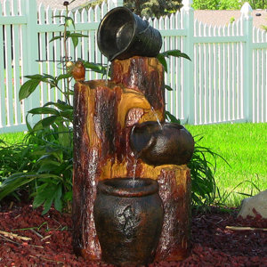 Resin Solar Cascading Log and Buckets on Demand Water Fountain with LED Light
