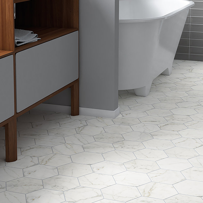 Elitetile Karra Carrara 7 X 8 Porcelain Field Tile In White Gray Karra Carrara 7 X 8 Porcelain Field Tile In
