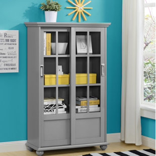 Gray Bookcase With Gl Doors Wayfair Quickview