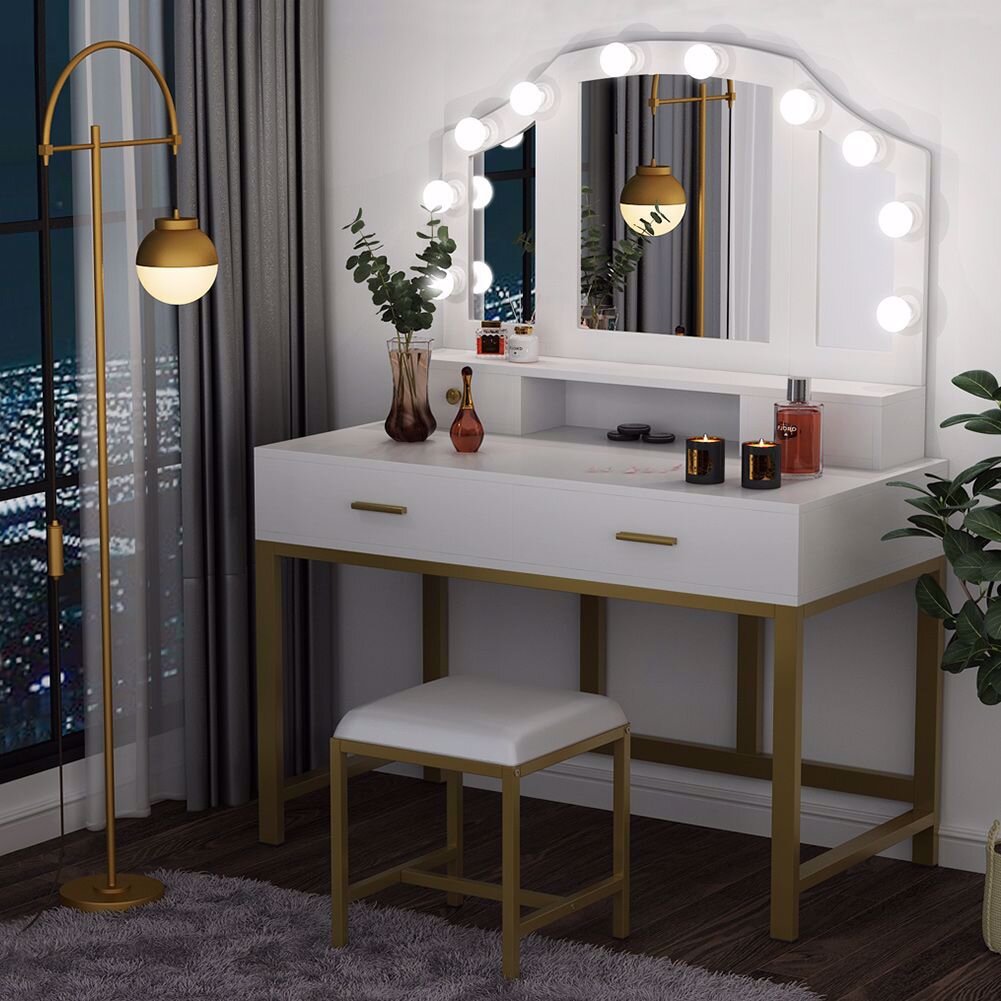 Vanity With Lighted Mirror And Stool Off 66