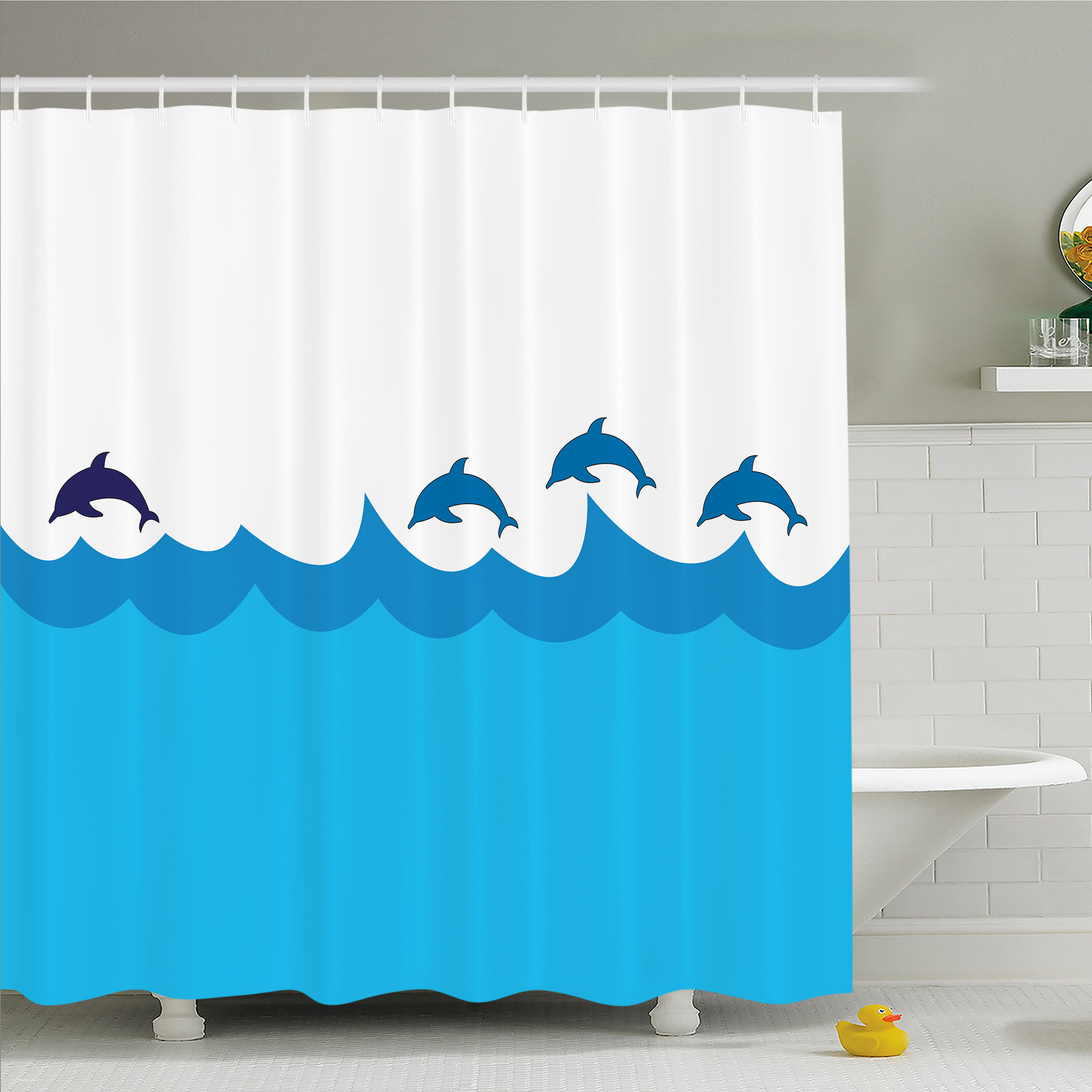 Home Garden Shower Curtains Sea Wave Dolphins Sunshine