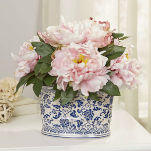 Pink Peony Cluster Centerpiece in Chinoiserie Planter