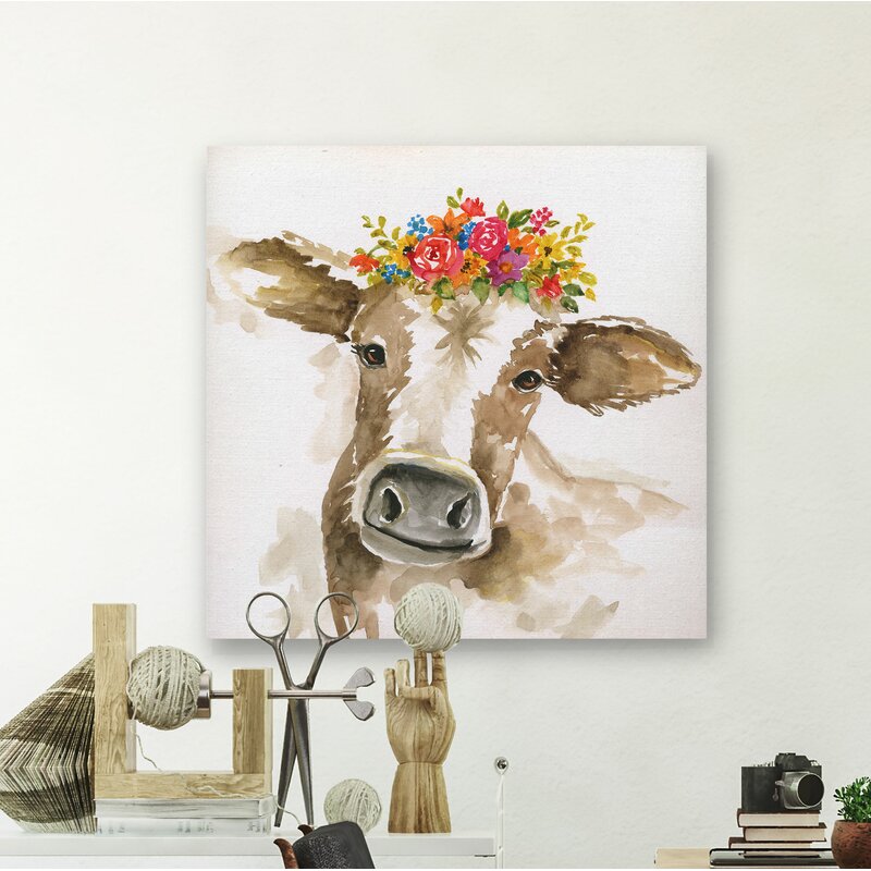 Cow wall art - 'Miss Daisy' Cow and Flowers Painting on Wrapped Canvas