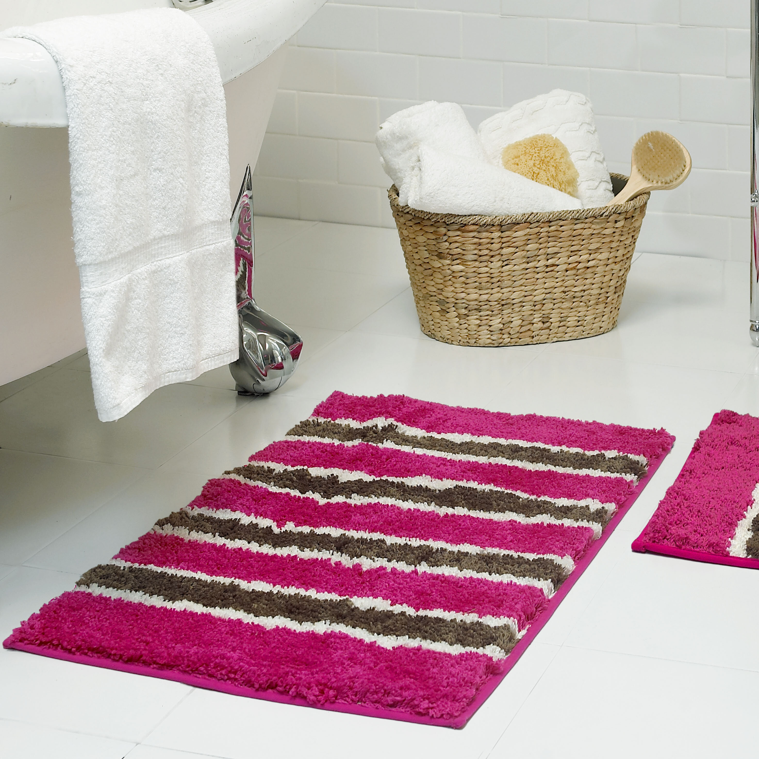 Memory Foam 2 Piece Bath Mat Set Shag Pink Fuchsia Plush Bathroom Shower Rugs