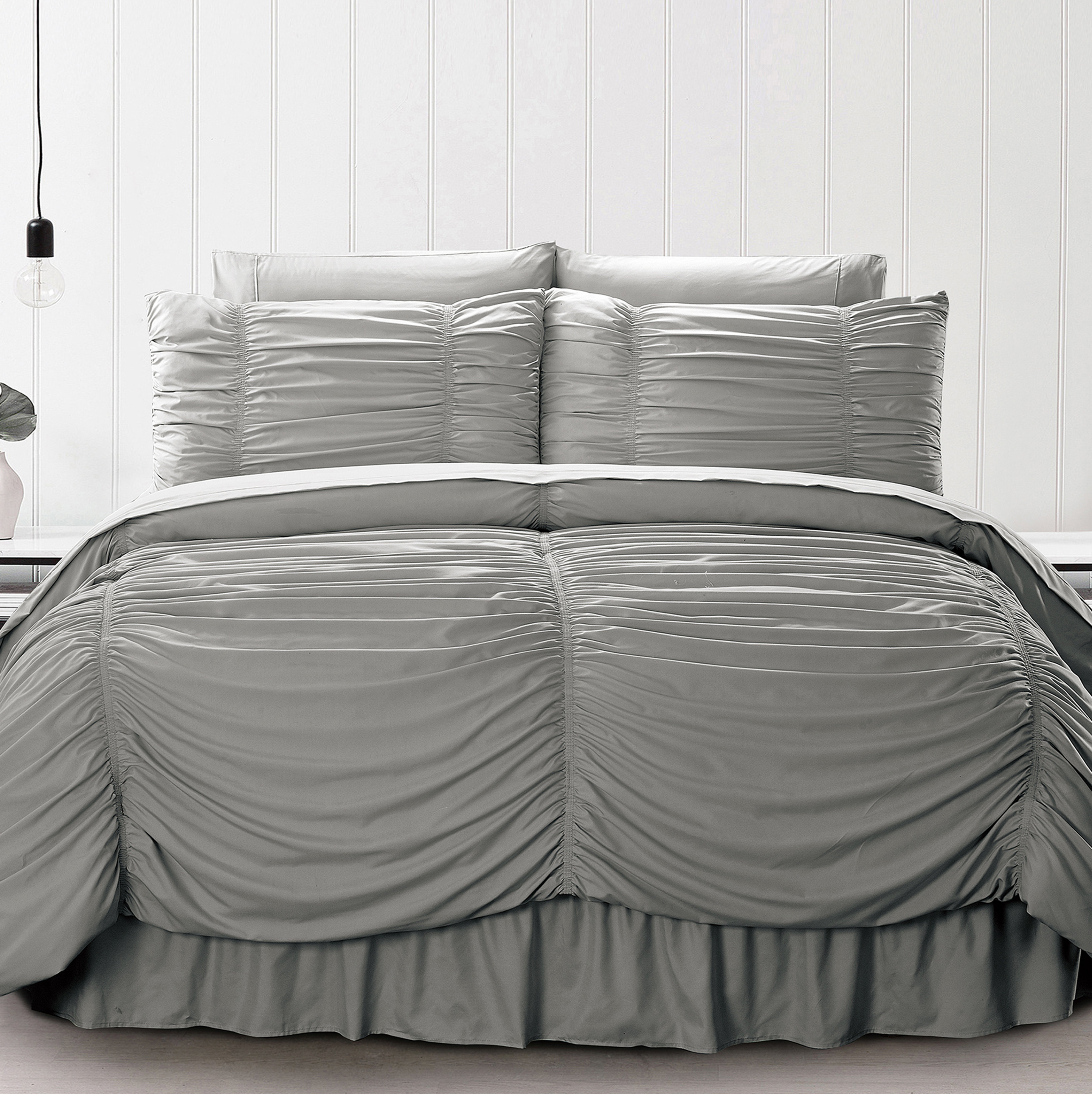 and White Comforter Set 8-Piece Luxury Pintuck Pleated Stripe Black Gray