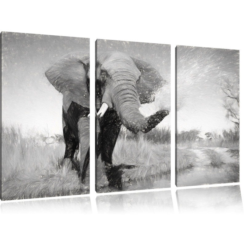 East Urban Home Beautiful Elephant Spraying Water 3 Piece Painting Print Set On Canvas Wayfair Co Uk
