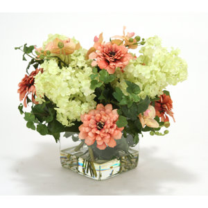 Waterlook Coral, Pink Hydrangeas in Glass Cube