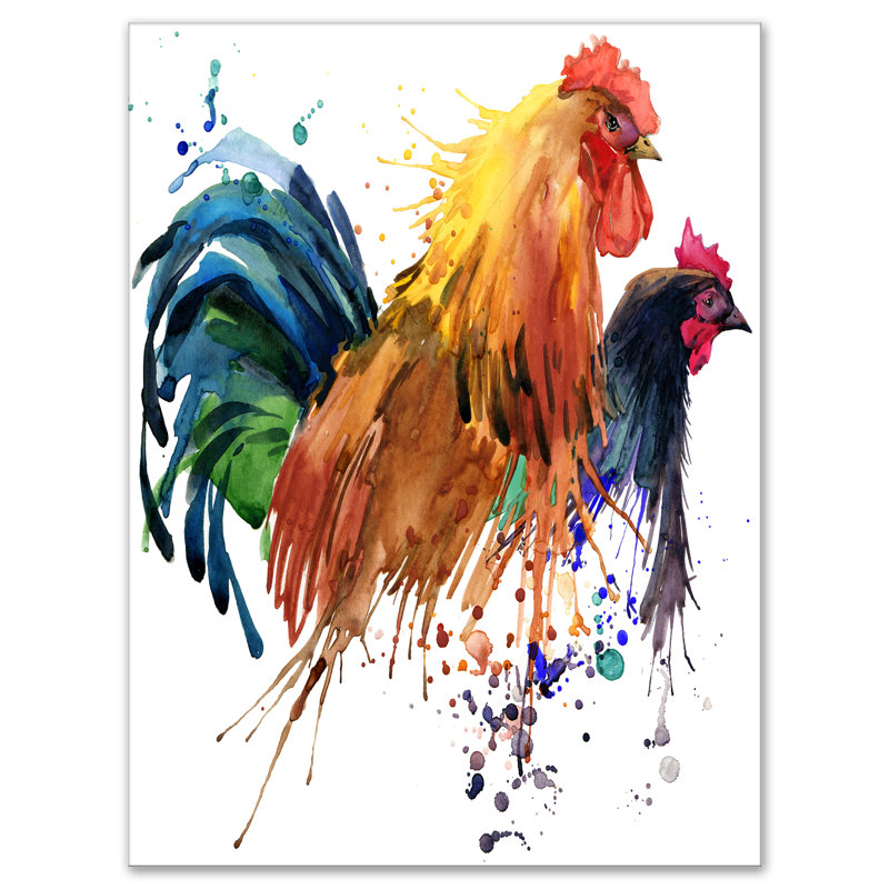 East Urban Home Chicken And Rooster Watercolor Painting Print On