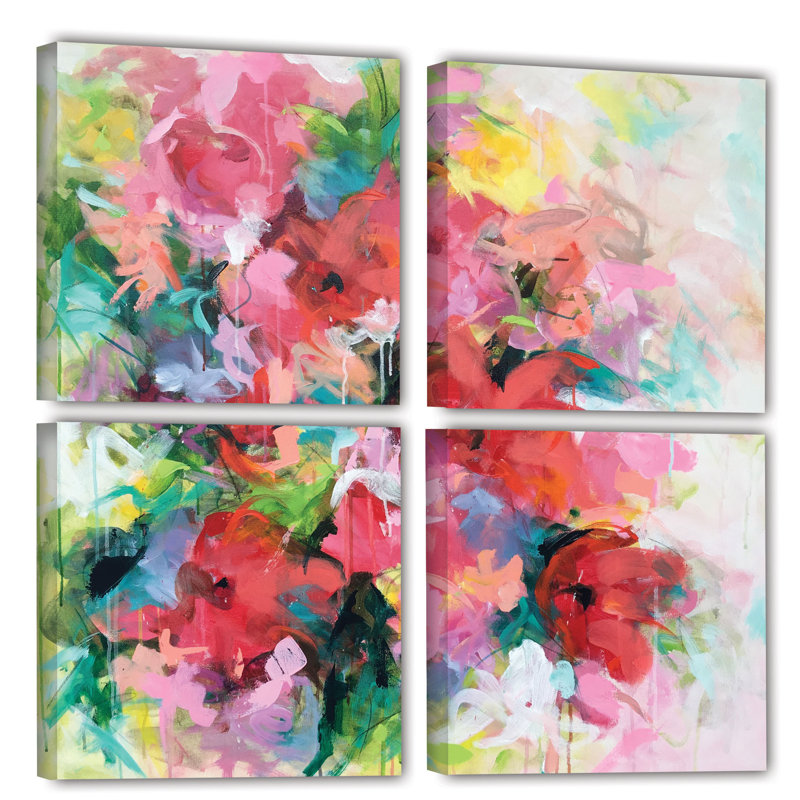 House Of Hampton Red Flowers 4 Piece Painting Print On Wrapped