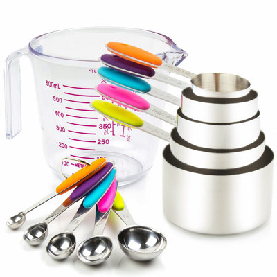 Measuring Cups And Spoons Set. Includes 10 Colorful Stainless Steel Metal Measuring Cups Measuring Spoons And 1 Plastic Measure Cup. Liquid Measuring