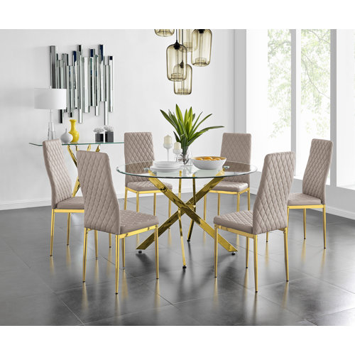 Samirah 120Cm Gold Round Dining Table And 6 Cappuccino Gold Leg Chairs Metro Lane