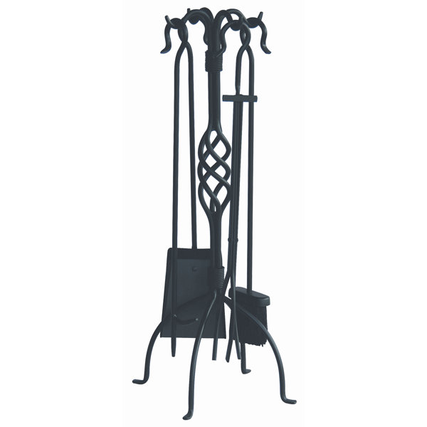 4 Piece Wrought Iron Fire Tool Set with Center Weave With Stand by Uniflame Corporation