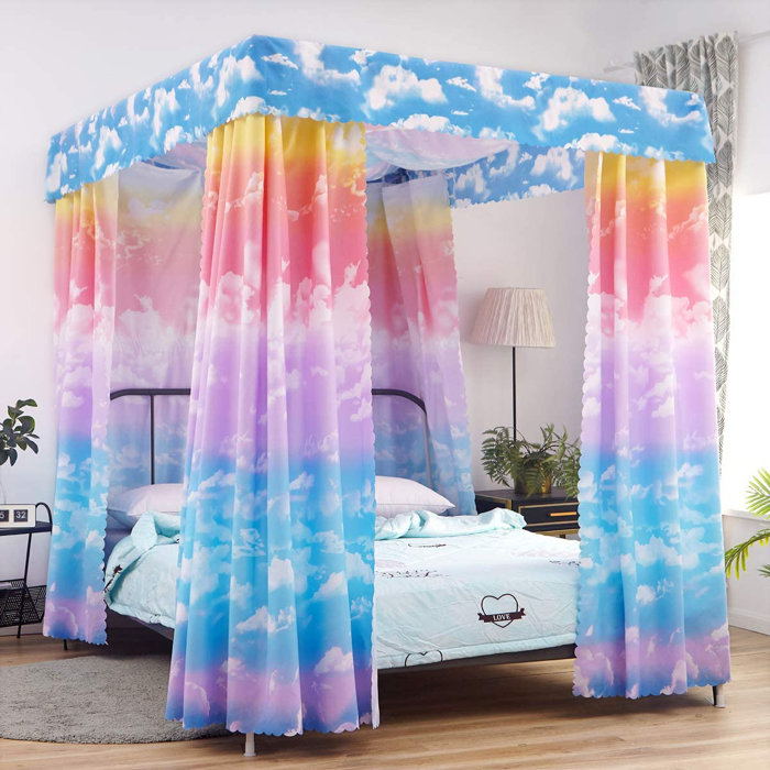 Rainbow Mosquito Net Bed Canopy, Rainbow Bed Cover With 100 LED String Lights, Oversized Hanging Queen Bed Cover Bed Curtain Net For Infants, Kids