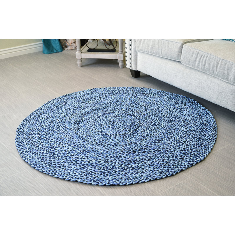 Bungalow Rose Round Easton Handmade Braided Cotton Blue Area Rug Handmade Braided Cotton Blue Area Rug