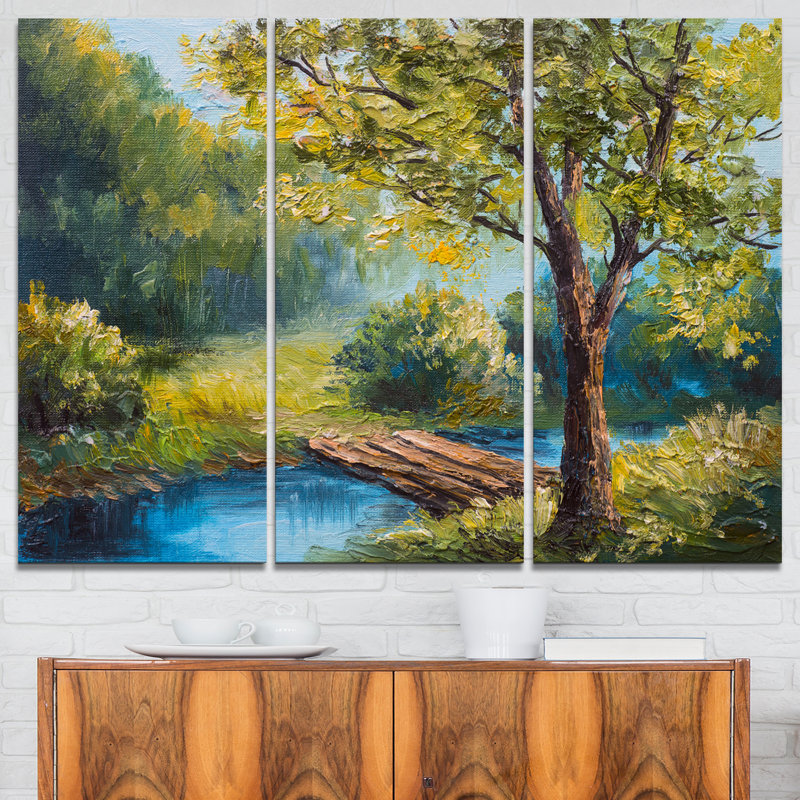 Designart Summer Forest With Beautiful River 3 Piece Painting