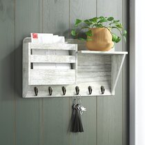 Burnt Wood Wooden Wall-Mounted Key Holder Spinning Rack with 6 Hooks and Mirror