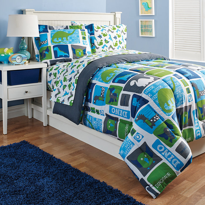 Twin Size 5pc Comforter Set For Kids Dinosaur Blue Green White New