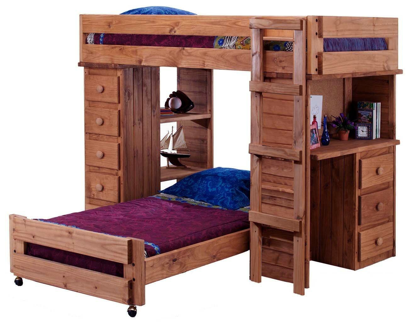 wooden bunk beds with shelves